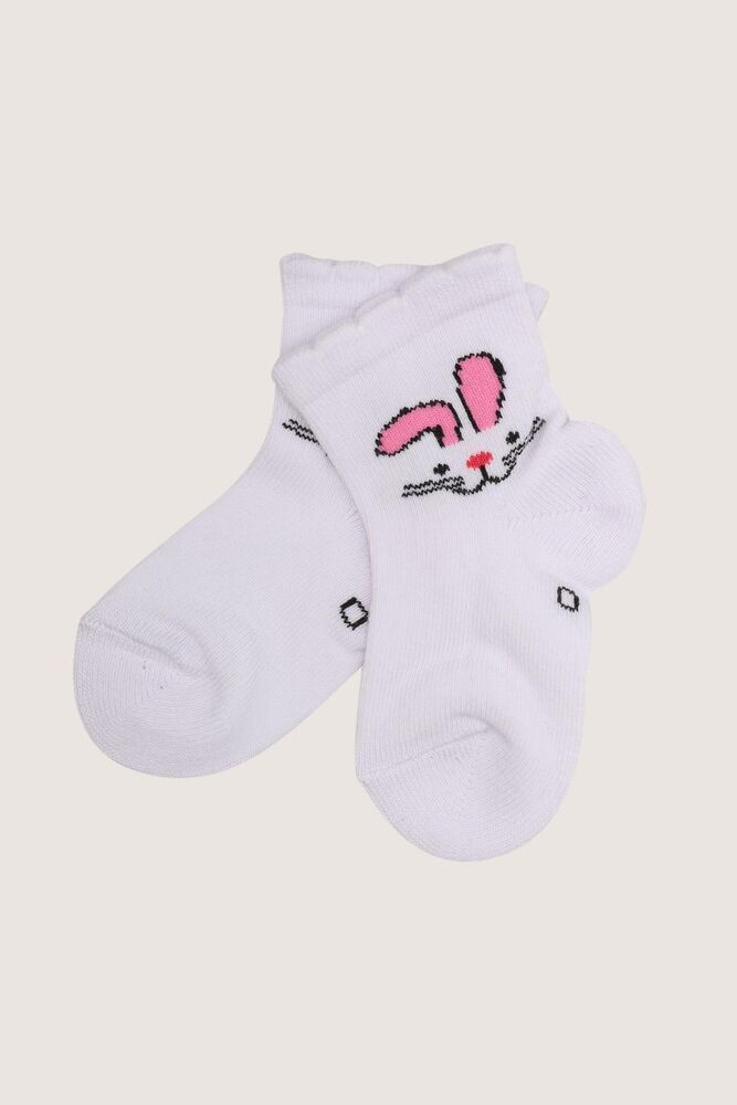 Tavşan Baskılı Kız Bebek Çorap | Beyaz