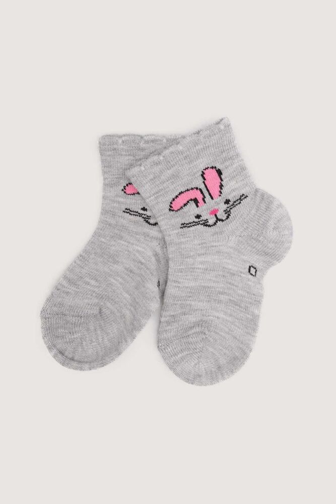 Tavşan Baskılı Kız Bebek Çorap | Gri