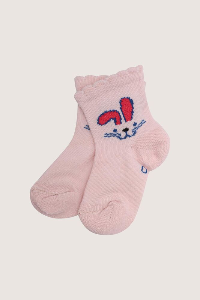 Tavşan Baskılı Kız Bebek Çorap | Somon