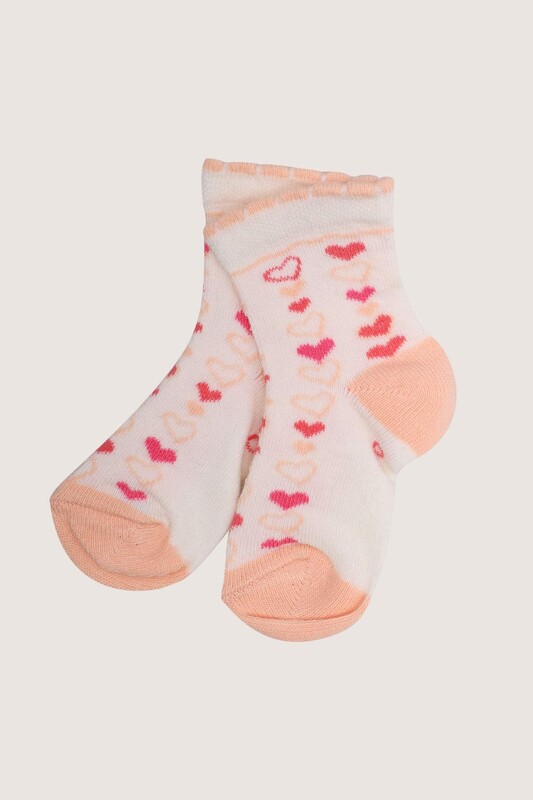 ÖZMEN - Kalp Baskılı Kız Bebek Çorap | Beyaz