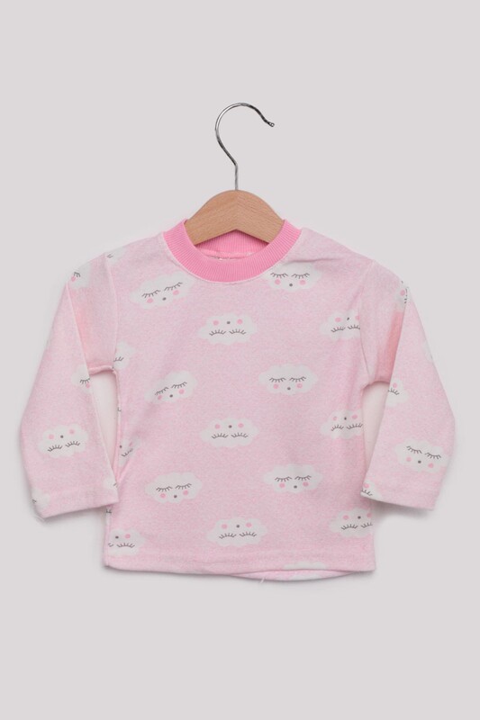 Bulut Desenli Bebek Pijama Takımı | Pembe - Thumbnail
