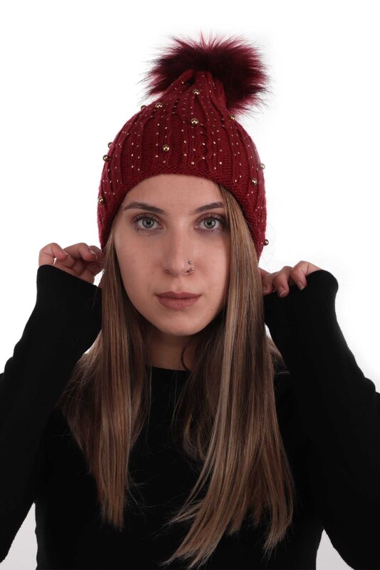 Woman Bobble Hat with Pearls | Red - Thumbnail