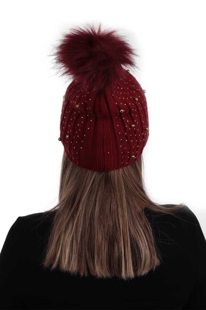 Woman Bobble Hat with Pearls | Red