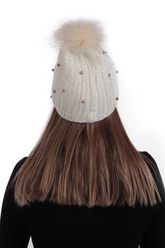Woman Bobble Hat with Pearls | Cream - Thumbnail