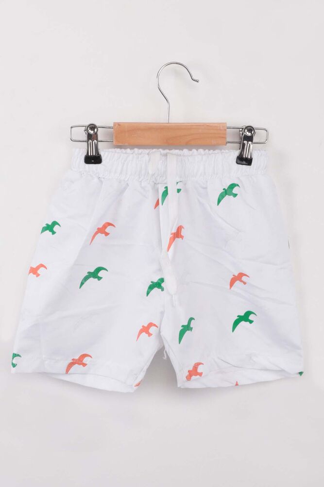 Bird Print Boy Beach Shorts | White