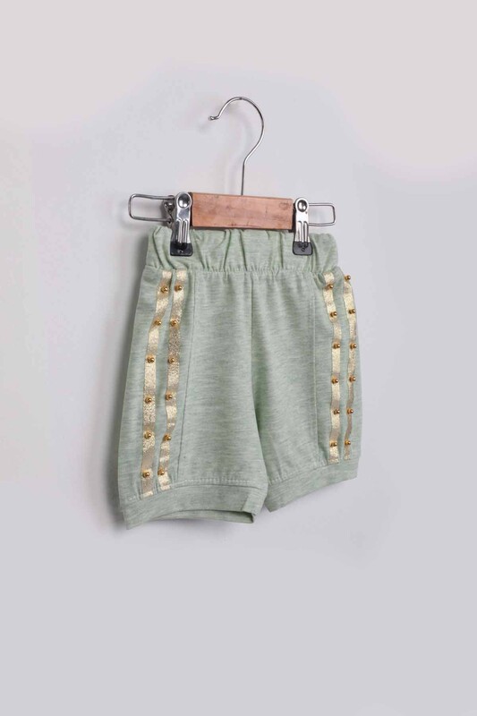 Pearl Detailed Stripped Girl Shorts | Green - Thumbnail