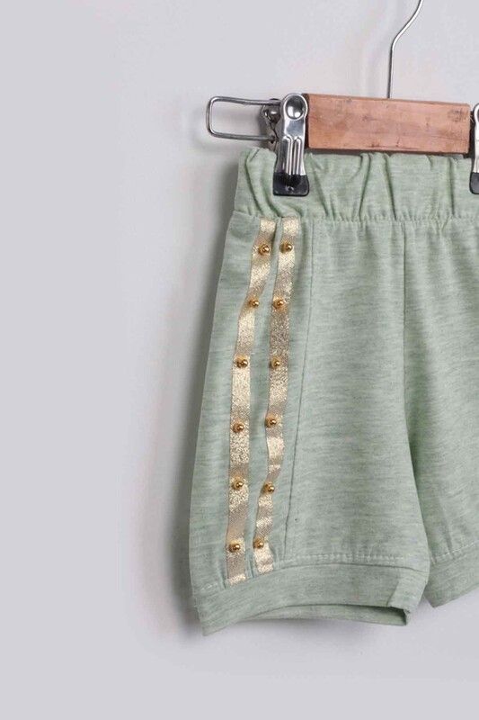 Pearl Detailed Stripped Girl Shorts | Green - Thumbnail