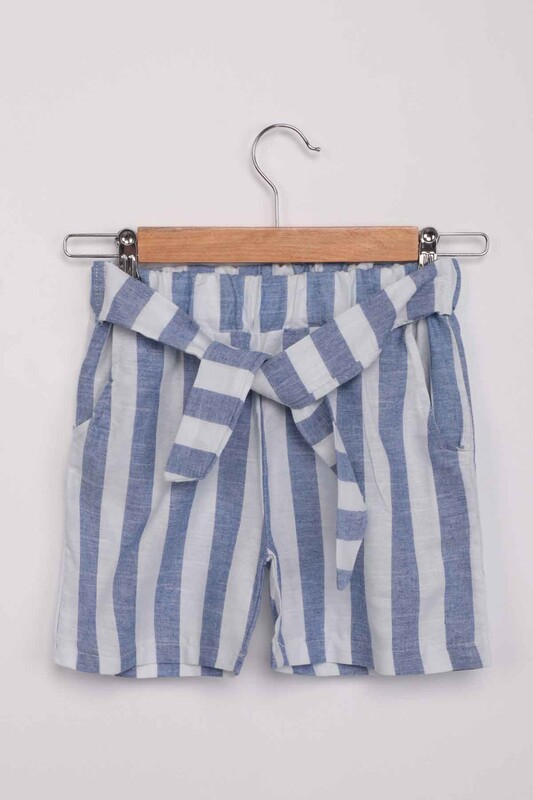 SİMİSSO - Girl Elastic Stripped Linen Shorts | Blue White
