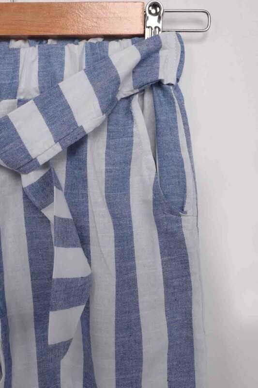 Girl Elastic Stripped Linen Shorts | Blue White - Thumbnail