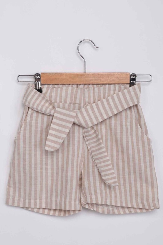 Girl Stripped Linen Shorts 111 | Beige - Thumbnail