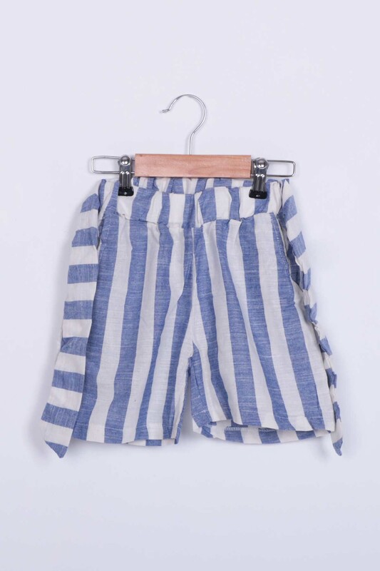SİMİSSO - Girl Elastic Stripped Linen Shorts 111 | Blue Cream