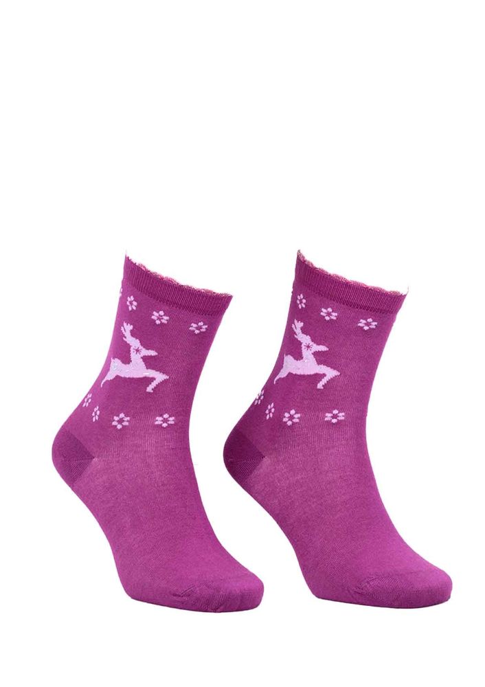 Dündar Deer Flower Printed Seamless Socks 2085 | Plum