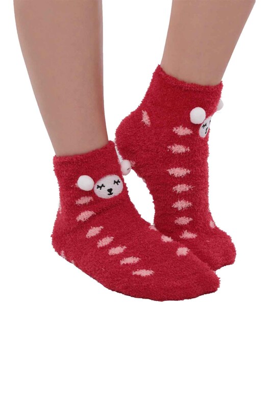 Teddy Printed Woman Plush Socks 47100 | Red - Thumbnail