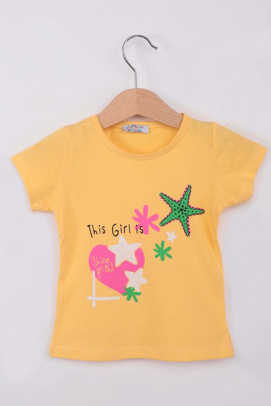 ESSU - Yıldız Baskılı Simli Kız Çocuk Tshirt | Sarı
