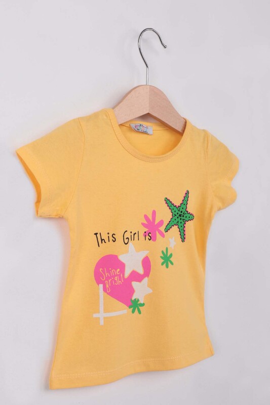 Yıldız Baskılı Simli Kız Çocuk Tshirt | Sarı - Thumbnail