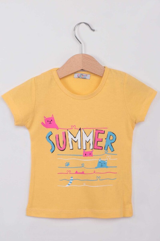 ESSU - Summer Baskılı Simli Kız Çocuk Tshirt | Sarı