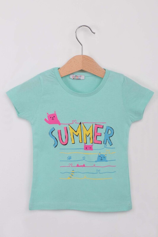 ESSU - Summer Baskılı Simli Kız Çocuk Tshirt | Su Yeşili