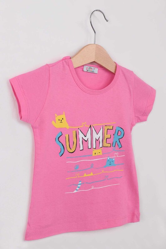 Summer Baskılı Simli Kız Çocuk Tshirt | Fuşya - Thumbnail