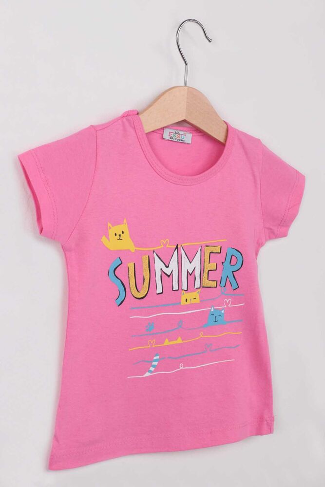 Summer Baskılı Simli Kız Çocuk Tshirt | Fuşya