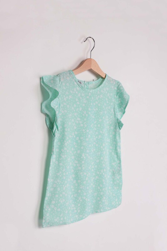 ALG Ruffle Detailed Flower Printed Girl Dress | Sea Green - Thumbnail