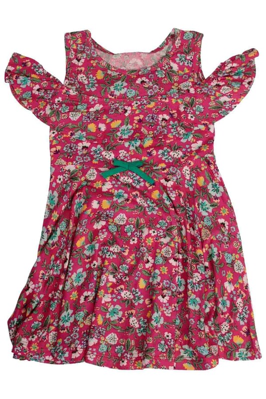 Shoulder Detailed Flower Printed Girl Dress | Fuschia - Thumbnail