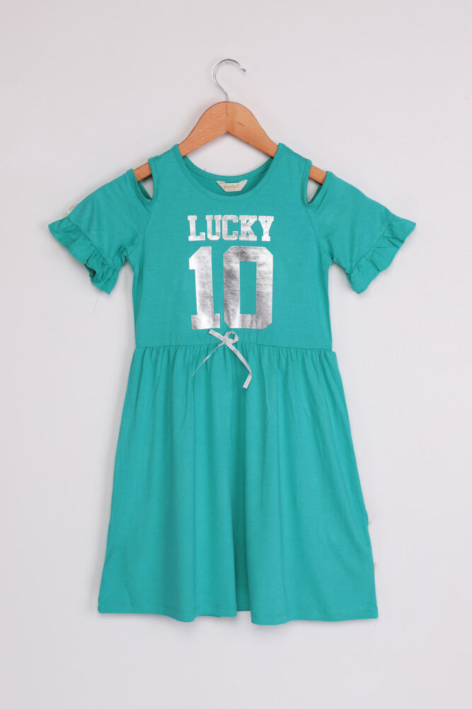 Shoulder Detailed Lucky Printed Girl Dress | Turquois