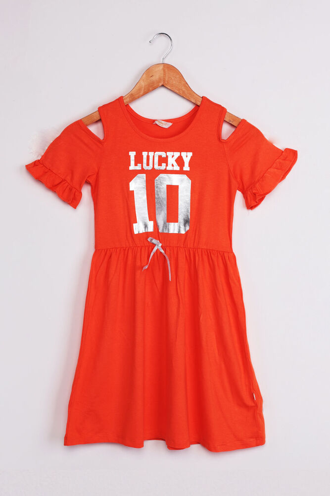 Shoulder Detailed Lucky Printed Girl Dress | Orange