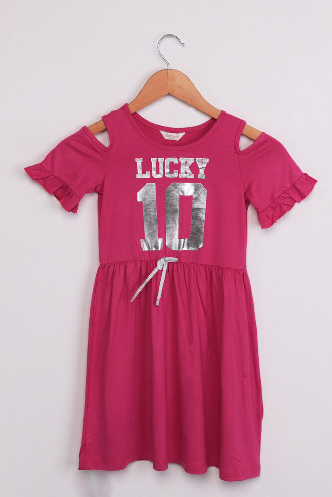 Shoulder Detailed Lucky Printed Girl Dress | Fuschia