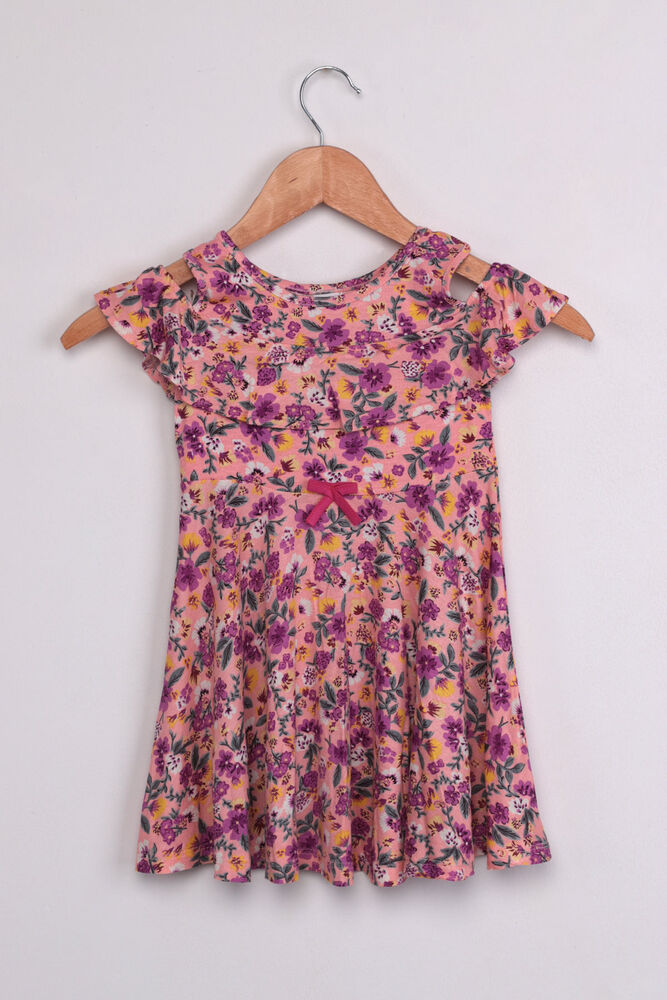 Shoulder Detailed Flower Printed Girl Dress | Pink