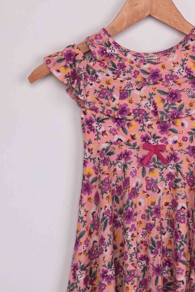 Shoulder Detailed Flower Printed Girl Dress | Pink