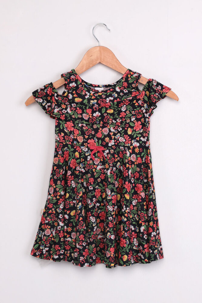 Shoulder Detailed Flower Printed Girl Dress | Black