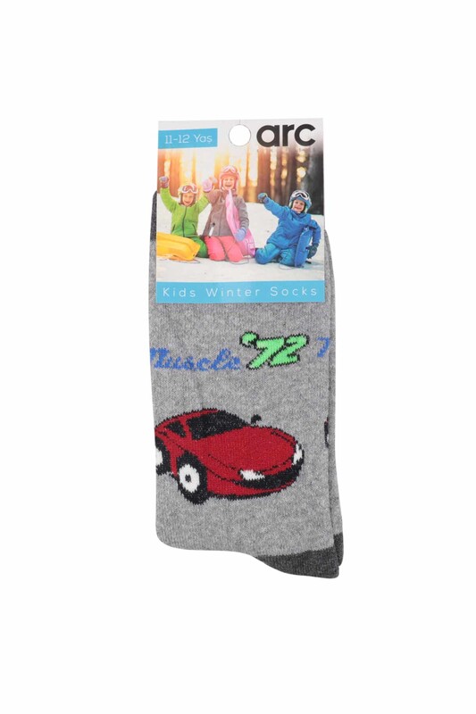 Araba Desenli Erkek Çocuk Havlu Soket Çorap | Gri - Thumbnail