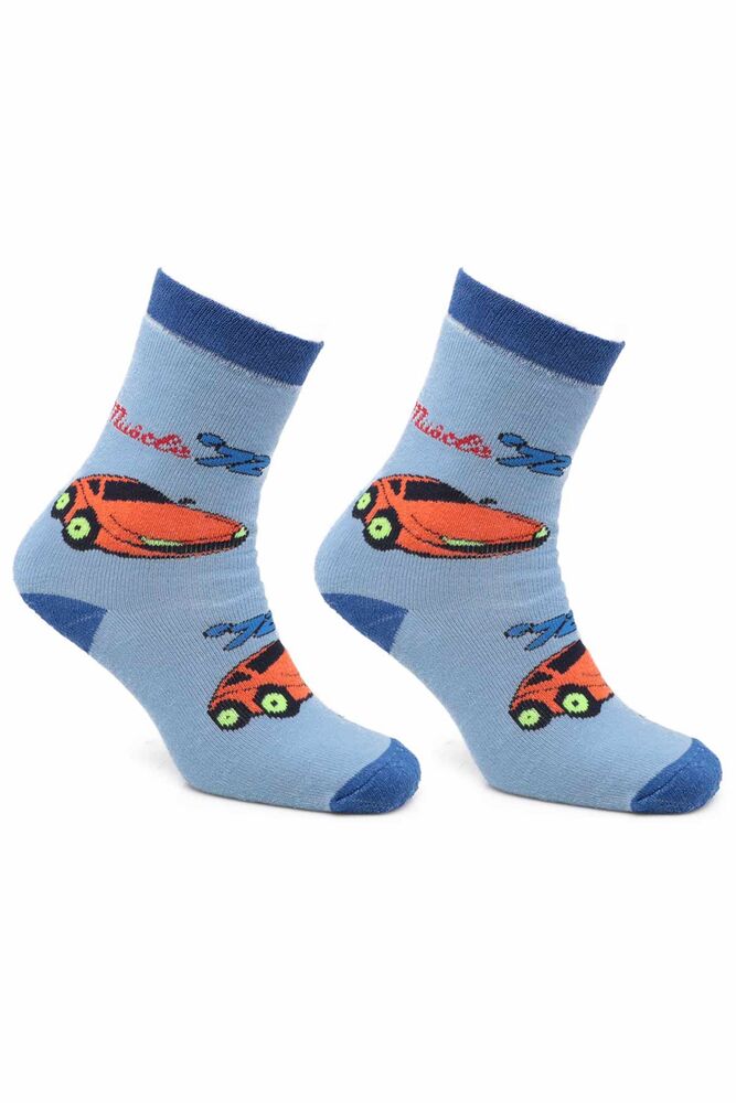 Araba Desenli Erkek Çocuk Havlu Soket Çorap | Mavi
