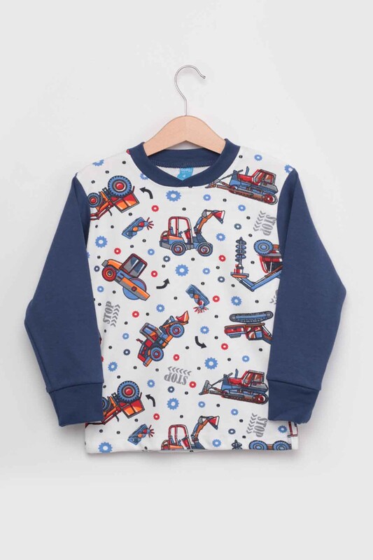 Gupse İş Makinesi Baskılı Uzun Kol Erkek Çocuk Pijama Takım | Lacivert - Thumbnail