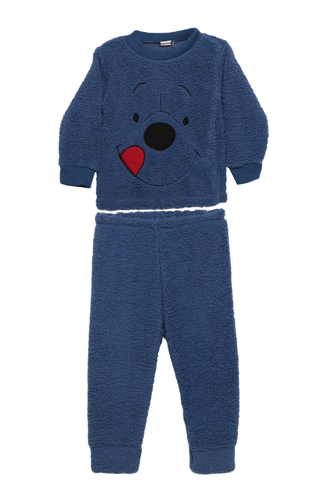 Ayıcık Baskılı Peluş Çocuk Pijama Takımı | Mavi