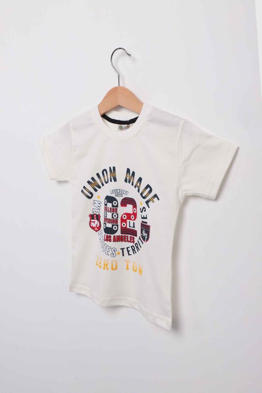 Baskılı Kısa Kollu Erkek Çocuk T-shirt | Krem - Thumbnail