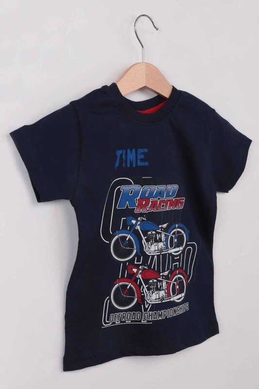 Baskılı Kısa Kollu Erkek Çocuk T-shirt 008 | Lacivert - Thumbnail