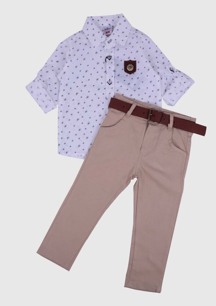 Desenli Gömlek ve Pantolon Erkek Çocuk 3'lü Takım | Beyaz
