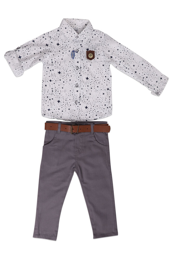 Desenli Gömlek ve Pantolon Erkek Çocuk 3'lü Takım 918 | Beyaz