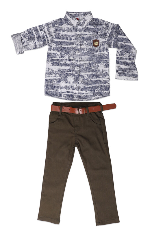 AYNUR BEBE - Desenli Gömlek ve Pantolon Erkek Çocuk 3'lü Takım | Lacivert