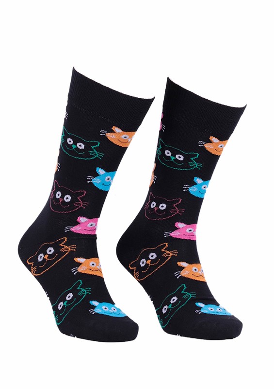 Aytuğ Kedi Desenli Erkek Çorap 2433 | Siyah - Thumbnail