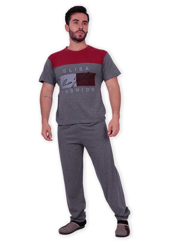 Glisa Blok Renkli Kısa Kollu Erkek Pijama Takımı | Kırmızı - Thumbnail
