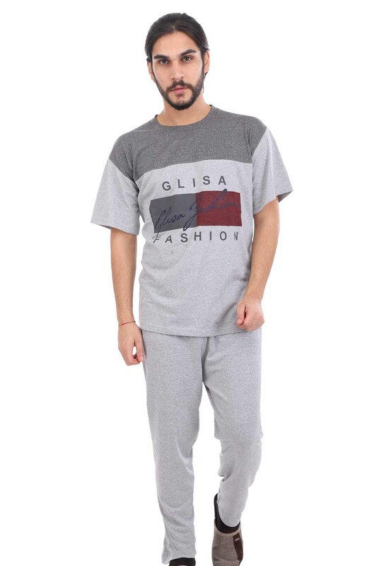 Glisa Blok Renkli Kısa Kollu Erkek Pijama Takımı | Gri - Thumbnail