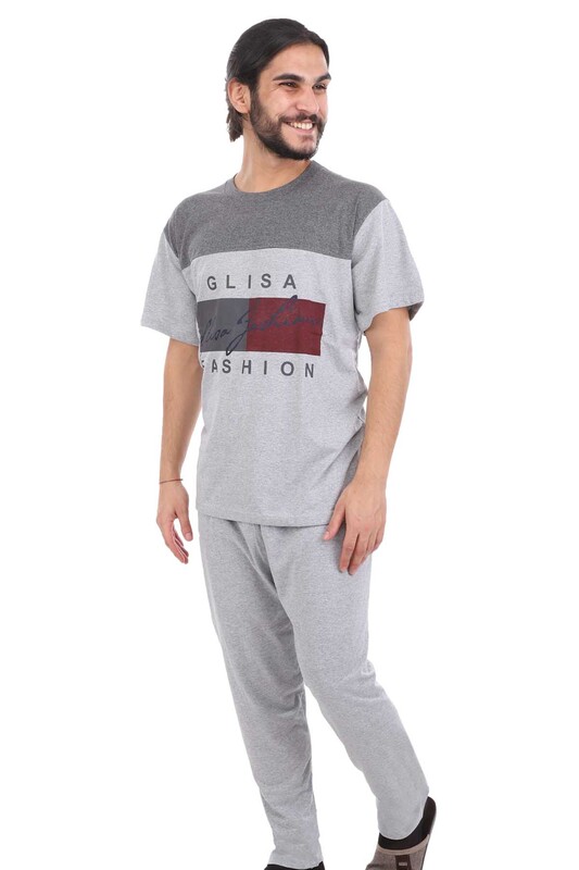 Glisa Blok Renkli Kısa Kollu Erkek Pijama Takımı | Gri - Thumbnail