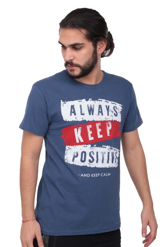 Baskılı Kısa Kollu Erkek T-shirt 004 | Mavi - Thumbnail