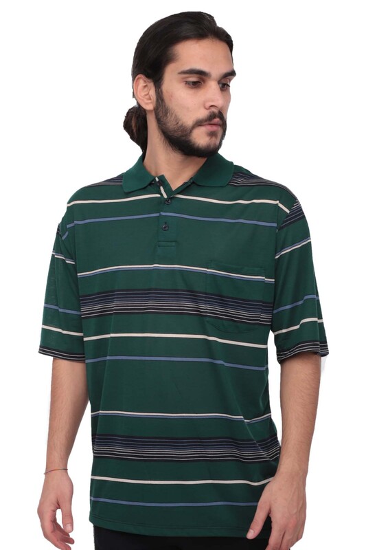 Polo Yaka Çizgili Kısa Kollu Erkek T-shirt | Yeşil - Thumbnail