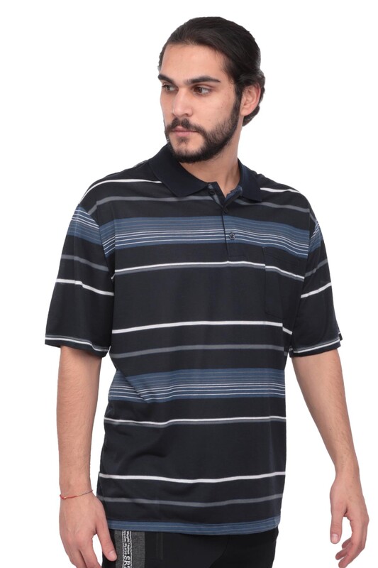 Polo Yaka Çizgili Kısa Kollu Erkek T-shirt 001 | Lacivert - Thumbnail