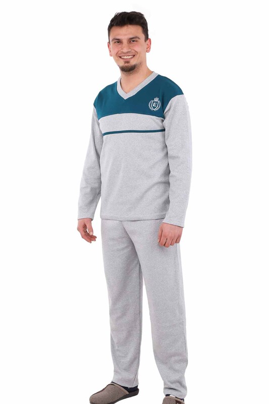 Çizgili Uzun Kollu Erkek Pijama Takımı E-012 | Gri - Thumbnail