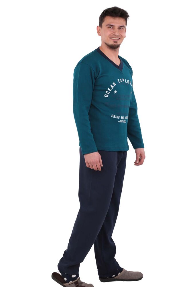 Yazı Baskılı Uzun Kollu Erkek Pijama Takımı 13059 | Mavi