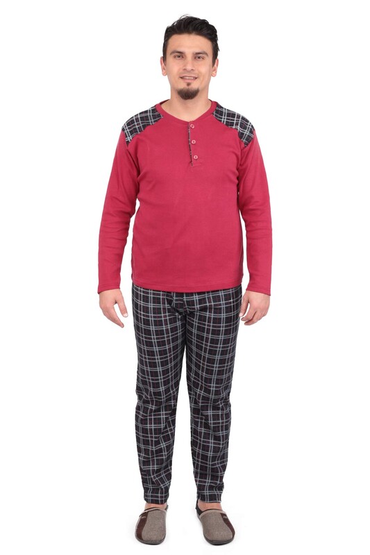 Ekose Desenli Uzun Kollu Erkek Pijama Takımı 3012 | Bordo - Thumbnail